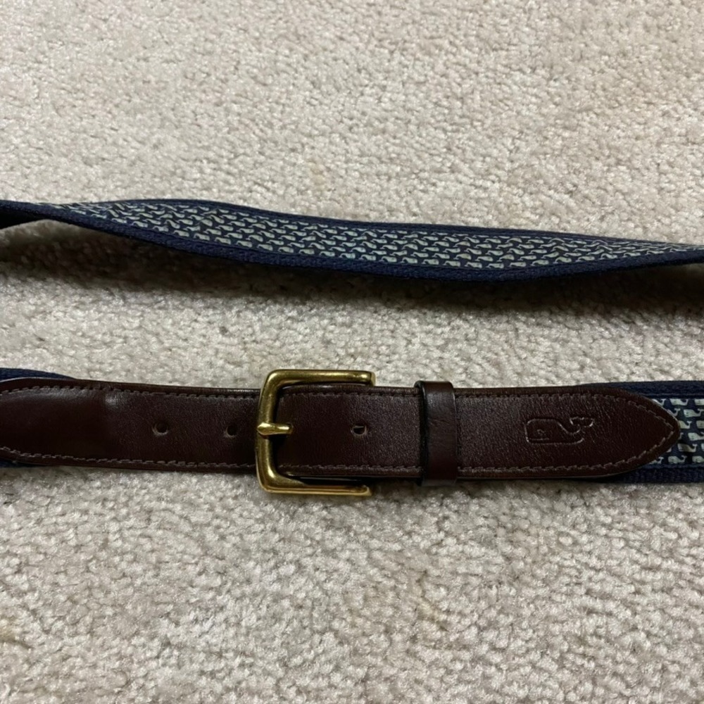 Vineyard Vines Ribbon Belt Mens 36 Blue Whale Logo Canvas Leather Brass Buckle